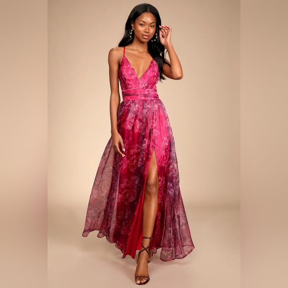 Lulus Dresses & Skirts - Lulu's Romance That Wows Magenta Floral Print Organza Maxi Dress